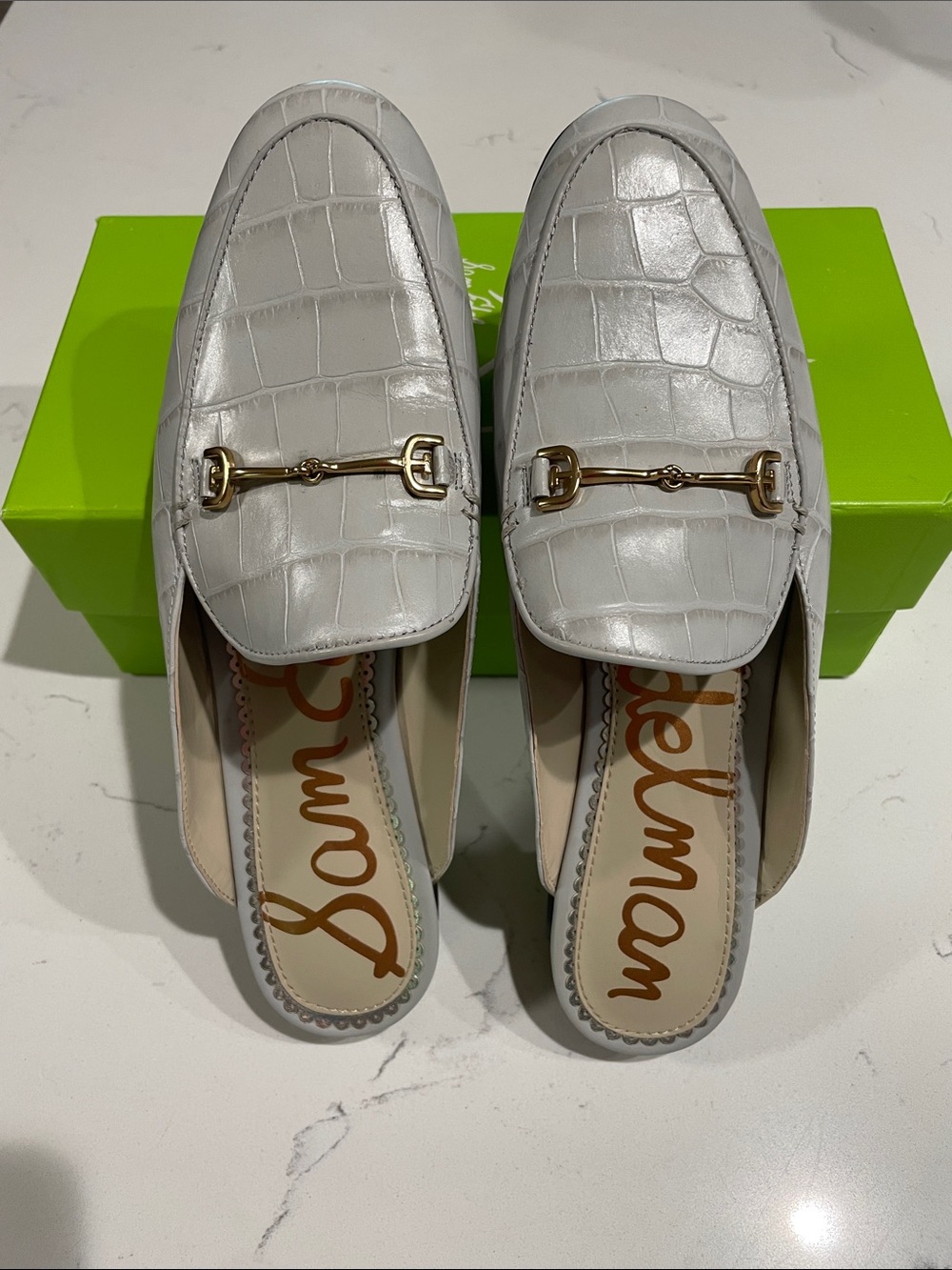 Sam Edelman Linnie Grey Croc-Embossed Leather Mule Loafers